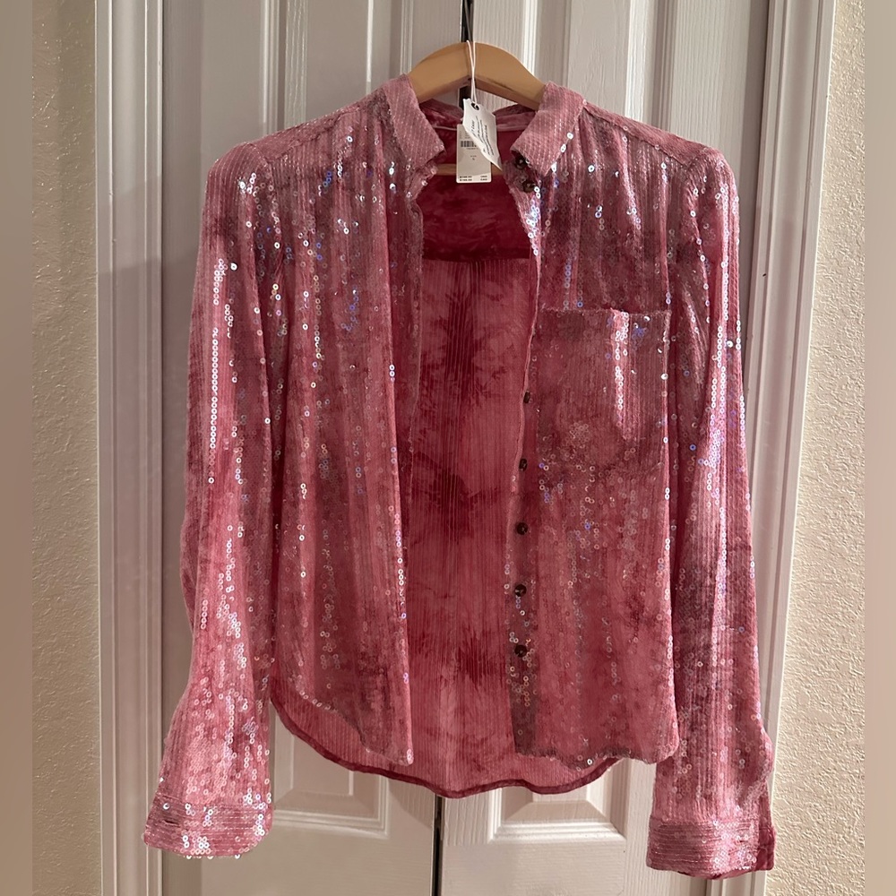 Anthropologie Pilcro Pink Sequin Button down top